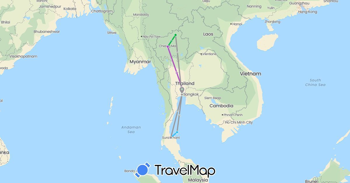 TravelMap itinerary: bus, plane, train, hiking, boat in Thailand (Asia)
